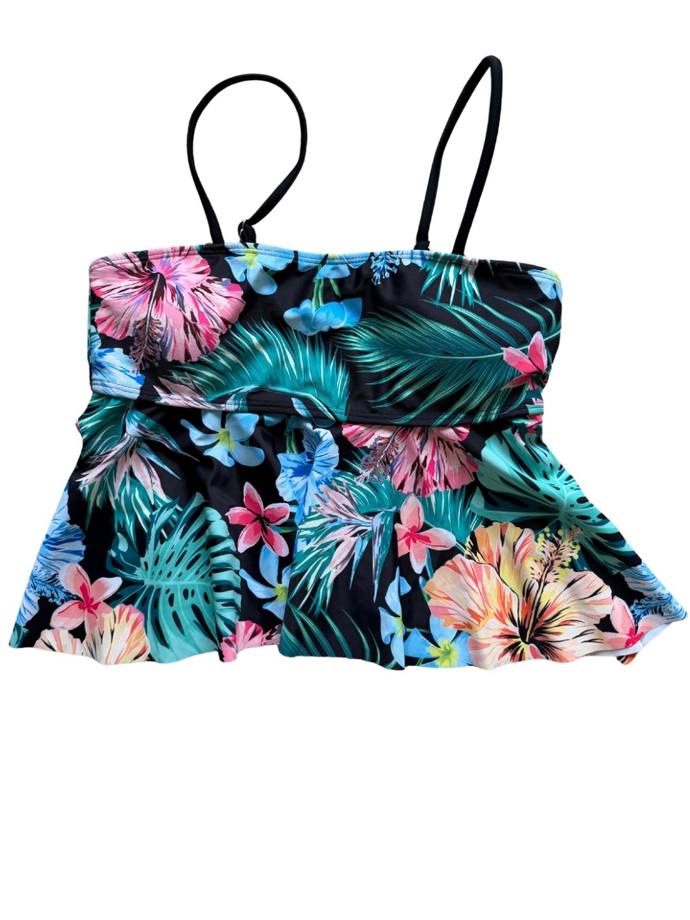 SHEIN Black Tropical Floral Ruffle Swim Tankini